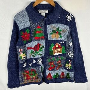 Vtg Heirloom Collectibles Women Knit Christmas Winter Cardigan Sweater Sz M Blue